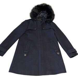 Zara Basic Dark Navy Black Full Zip Long Sleeve Faux Fur Hood Coat Women's Mediu